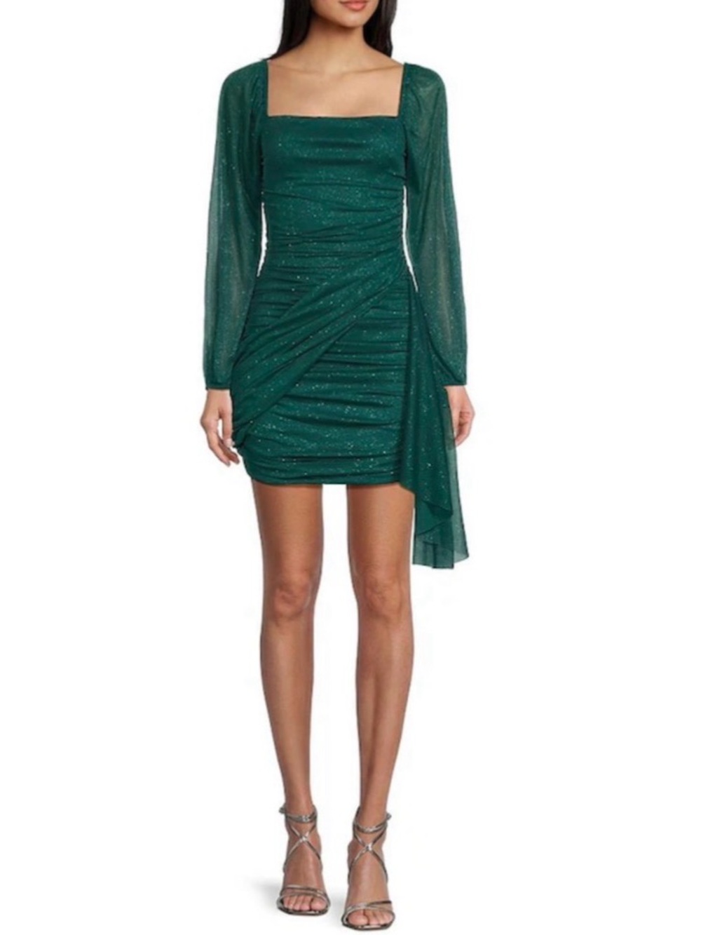 Jump Apparel Metallic emerald Green Sparkle Glitter Sash Ruched Mini Dress XS